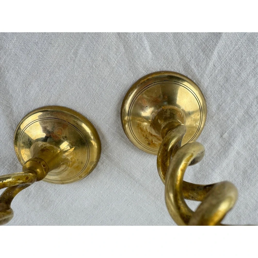 Vintage Solid Brass Barley Twist Candlestick Holders Pair 8